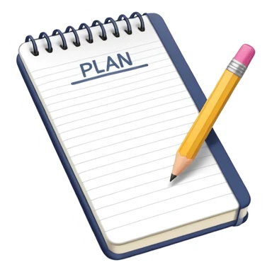 Emoji of a notebook with a pencil and the word “PLAN” written on the cover, iPhone emoji style. Flat design, smooth gradients, rounded edges, soft shadows, clean look, white background. sticker
