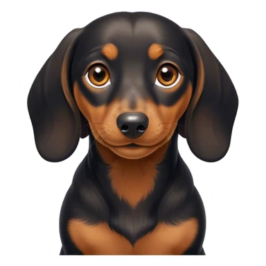 Cinematic Cute black and tan Dachshund Portrait Emoji, Head tilted playfully and inquisitively, featuring a glossy black and tan coat with a sleek sheen, round, sparkling brown eyes filled with curiosity, Simplified yet irresistibly adorable features, highly detailed, glowing with a warm, friendly glow, high shine, affectionate and spirited, stylized with a touch of whimsy, bright and endearing, soft glowing outline, capturing the essence of a mischievous yet loving pup, so playful it feels like it could dash out of the screen and into your arms! sticker