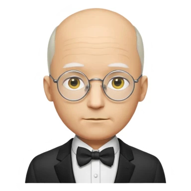 Yellow-skinned animated man. Bald on top with thin gray hair at the sides. Large round white eyes with black pupils. Wears round glasses. Pointed nose. Visible suit lapels, white shirt collar, and bow tie at the neck. sticker