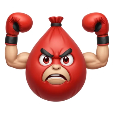 Gota de agua de color rojo con cara de enfado y unos guantes de boxeo, que tenga brazos y piernas musculados sticker