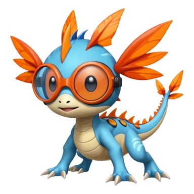 Bluish Splash-patterned emotional sparky sparky boom boom painful Meloetta-Guilmom-Salandit-Flygon-Pokémon-Fakémon-fusion-hybrid-creature with orange goggles on eyes sticker