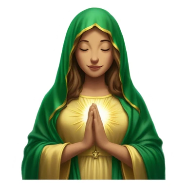 Virgin Mary: kind face looking down at the left, long brown hair, Wearing an emerald green  robe with gold stars and a burgundy red dress,  Hands in prayer or blessing. Halo around her head. standing in front of a big sun. colorful roses on the sides  sticker