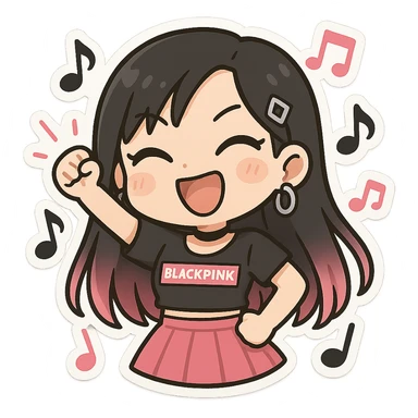 BLACKPINK-inspired chibi sticker, black and pink music note, fun and energetic sticker