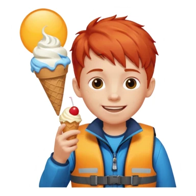 boy kid red haired wearing lifejacket, eating ice cream, sun sticker