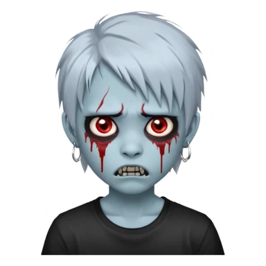  3D emoji-style avatar with very pale blue-grey zombie skin , a young Asian face, and large eyes with blood tears. Give it white litle bit messy mullet hair style , silver hoop earrings, and a plain black T-shirt. The face expression should be slightly angry, with vampire fang sticker