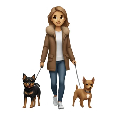 A light brown haired girl, walking one mini black and tan miniature Pinscher and one big fluffy light brown Spitz on the lead sticker
