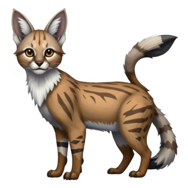 Realistic patterned marked edgy greyish blackish whitish silvery coppery Shiny Colorful Glossy Genet-Caracal-Lion-Bobcat-fusion-animal-hybrid-creature, full body, big-tufted-bat-ears, long-thin-tufted-white-tipped-tail sticker