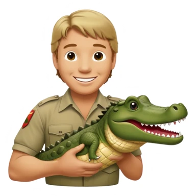 Cinematic Realistic Steve Irwin Portrait Emoji, in his signature khaki attire, holding a crocodile or giving an excited thumbs-up. The scene is lit with vibrant, natural sunlight, emphasizing his adventurous spirit and deep connection to nature. sticker