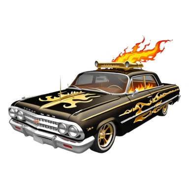 Hot rod custom 1964 impala low rider four door Anubis theme painted hood flaming side-pipes sticker