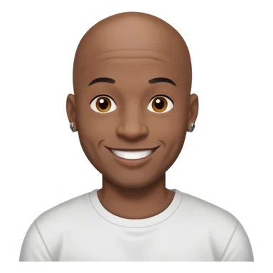 bald black man with bold full face tattoos, happy face, wearing a t-shirt sticker
