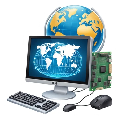 An icon featuring a computer monitor displaying code, a globe with network nodes, and a circuit board, symbolizing IT. The design includes data streams, cloud storage, and a keyboard, representing digital innovation, connectivity, and problem-solving. Transparent background sticker