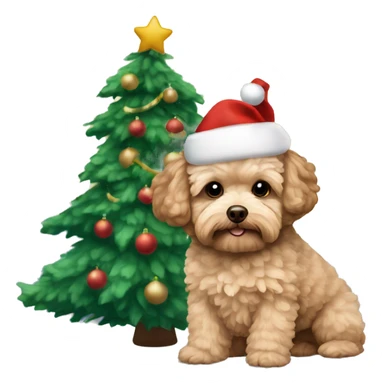 Brown, beige colored Maltipoo with Christmas hat and Christmas tree in the background  sticker