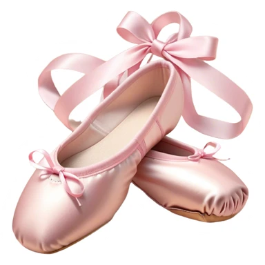 Cinematic Realistic Ballet Shoes, soft satin pink pointe shoes with delicate ribbons, resting gently on a polished wooden floor, subtle creases in the fabric, glowing under the warm golden light of a rehearsal studio, evoking elegance and grace. sticker
