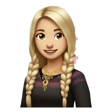 Slavic girl, light skin, brown eyes, black-to-blonde ombre straight tail, smiling with teeth, wearing beautiful dark blouse with a folk pattern of small pink flowers and gold necklace. sticker
