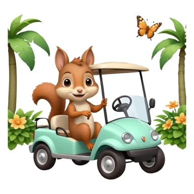 High-quality 3D Pixar-style mint green golf cart speeding in bright courtyard, driven by a super-cute smiling baby squirrel, glossy fur, big eyes, vibrant colors, smooth shading, butterflies, potted plants, bright daylight. sticker