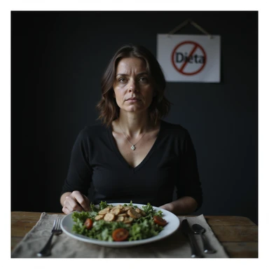 ultra realistic photo of an adult woman sitting in front of a salad plate, downcast gaze, cutlery placed as if heavy, dark atmosphere, cold light, minimalist kitchen background, sign 'Dieta' styled like a prohibition sign, environment conveying constraint sticker