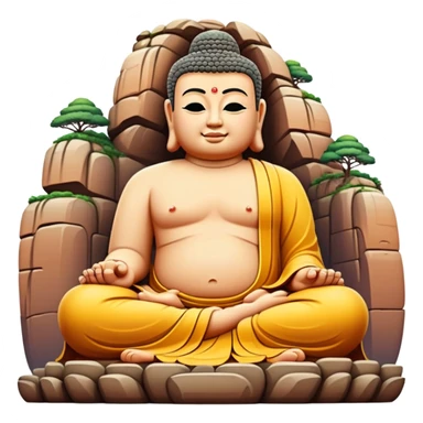 Leshan Giant Buddha massive stone statue, simplified emoji style with bold outlines and bright colors, cartoon style sitting Buddha carved in cliff sticker