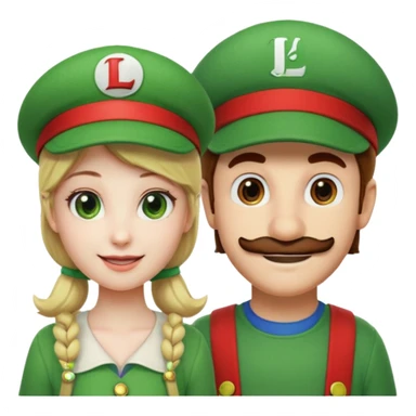 blonde female Luigi (with the Luigi green hat with an L on it) and a normal brown hair male Mario with the red hat with a (M) on it. They are friends just smiling. think video game sticker