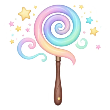 Cinematic cute magical wand, pastel swirls of color, tiny twinkling stars floating around, glowing softly, chubby rounded edges, whimsical and dreamy. sticker