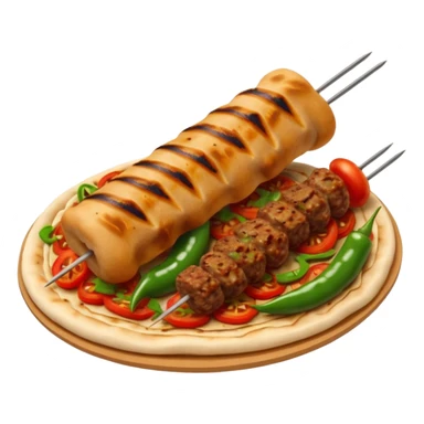 Adana kebab object icon, spicy grilled minced meat skewer, served on flatbread, grilled tomatoes and green peppers on the side, smoky char marks, juicy texture, 3D cartoon, mobile game icon style, centered, clean background, no text, no watermark
 sticker