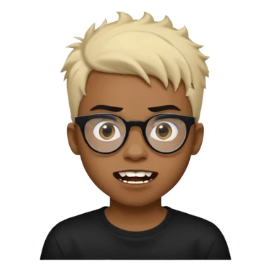 Black Male Teenager with Short punk messy blonde hair, Dark brown bushy eyebrows large expressive golden-brown eyes, wearing a plain white t-shirt, wearing thick black glasses, Dark Brown skin color. Showing off his singular vampire tooth sticker