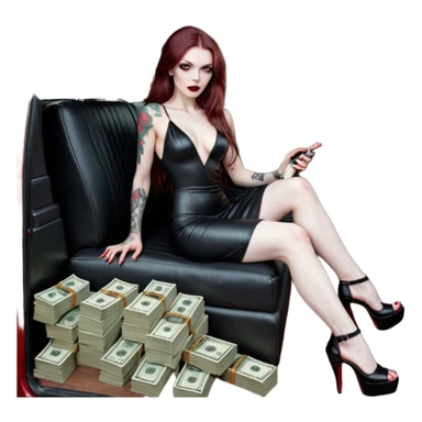 Lilith symbol red eye seductress evil long brown haired sexy succubus woman with leather long dress with slit, sitting in Big Large F350 pickup truck. Black Platform high heels on feet. Tattoo sleeve arms, seat full of stacks of cash, and a man dead human skull of her enemies and a gun in other hand sticker