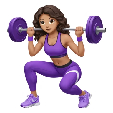 mujer de tez trigueña, con cabello castaño oscuro ondulado con pequeñas ondas, con el cabello super largo hasta las rodillas estilizado, con ropa deportiva morada/lila, tenis blancos deportivos y levantando una pesa sticker