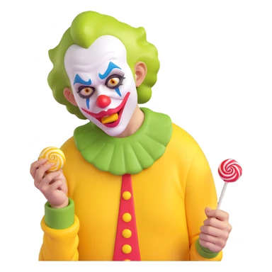 comically ugly clown-like joker, dressed in a yellow jersey, crying and licking a lollipop sticker