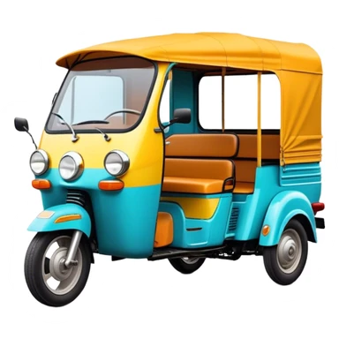 Cinematic Realistic Tuk Tuk Emoji, depicted as a vibrant iconic three-wheeled vehicle with bold colors and a compact design, rendered with crisp textures and dynamic urban lighting that captures its quintessential Thai charm. sticker