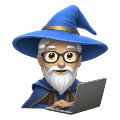 wizard Merlin with a laptop and blue hat in Pixar style sticker