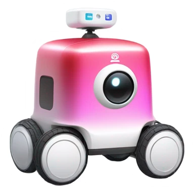 A red-pink gradient COCO delivery robot with four white wheels, rounded rectangular shape. White COCO logo, multiple front sensors, and top-mounted camera. Secure storage compartment and QR code on top. sticker