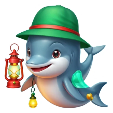 dolphin wearing green hat and a lantern with red light sticker