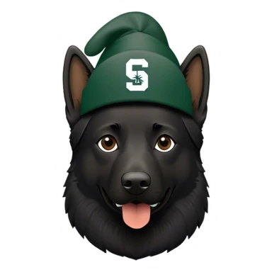 Black German shepherd wearing a Michigan state spartan hat sticker