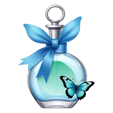 A glass perfume bottle with a soft blue ribbon tied around its neck, with a green and blue butterfly nearby. sticker