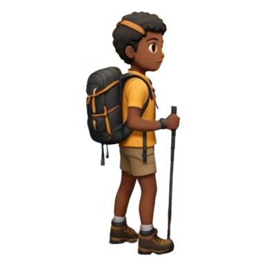 A 3D cartoon hiker silhouette standing on a rocky path at sunset, warm golden light, Memoji-style rendering. inside photo frame. sticker