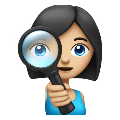white girl with black hair and blue eyes playing with magnifying glass sticker