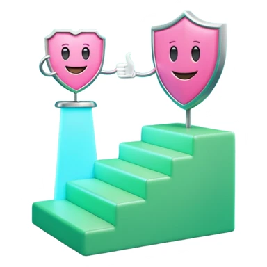 Minimalist 3D emoji-style podium with 2 steps on a green chroma key background. Step 1 (higher) features a handshake icon with blue neon glow. Step 2 (lower) features a smiling tooth with a shield icon and pink neon glow. Clean rendering, soft colors, uniform lighting sticker