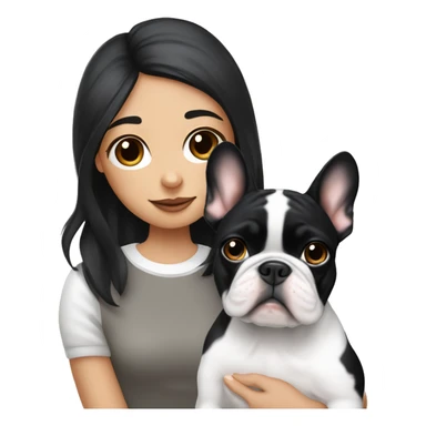 A black-haired girl with white strands near her face holds a French bulldog in her hands, whose muzzle is black and has a white stripe in the middle sticker