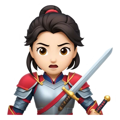 Cinematic Funny Mulan Portrait Emoji, Wearing her training armor too big, looking surprised as a sword nearly topples her over, a mix of warrior determination and hilarious inexperience, a comical yet endearing moment in her transformation! sticker