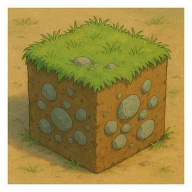 ghibli style brown cube with small gray stones inside and green grass on top sticker