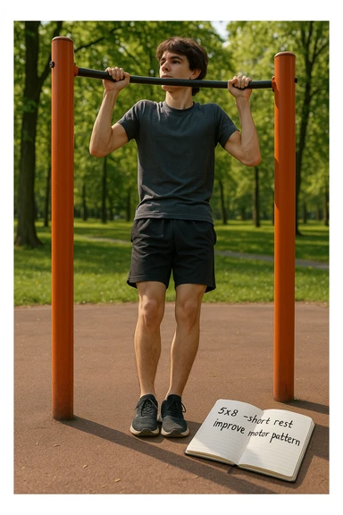 Giovane principiante dello streetlifting in un parco, fisico ancora asciutto, esegue lunghe serie di trazioni senza peso, con tecnica controllata. A terra, un taccuino con scritto '5x8 - riposo breve - migliorare schema motorio'. Espressione concentrata. Luce naturale, atmosfera educativa, senso di costruzione progressiva. sticker