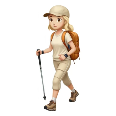Full body woman hiking on mountain trail cream clothes baseball cap sticker