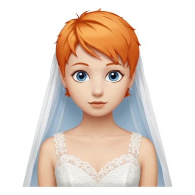 27 year old woman, orange hair, pixie cut, blue eyes, wedding dress sticker