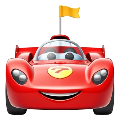 A red toy race car with a happy smiling face on the front sticker