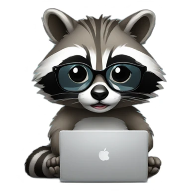 racoon wearing glasses and a white t-shirt working on a black laptop sticker