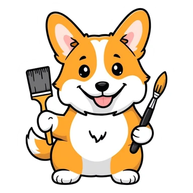 Corgi holds brushes in his paw for drawing sticker