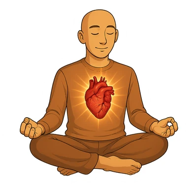 Person is meditating and his heart is glowing and shining, general style, with a real organ heart form sticker