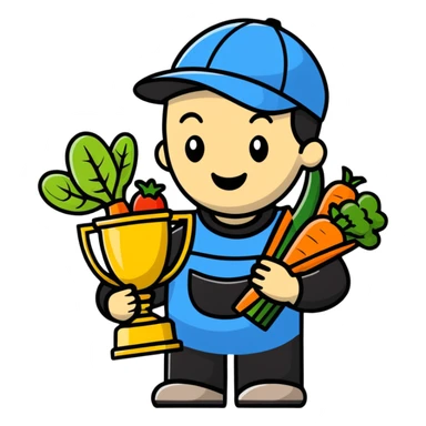 Happy gardener with trophy and prize vegetables sticker
