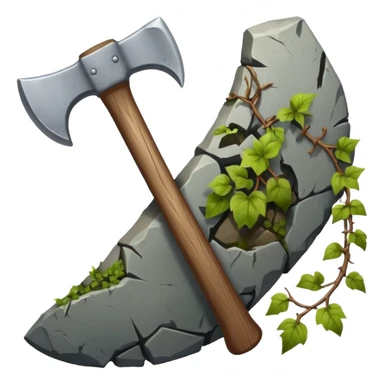 A sharp stone axe with wooden handle tied by vines.





 sticker