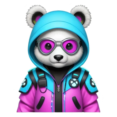 cute cyberpunk panda, neon hoodie, cyber goggles, glowing patterns, futuristic armor details, 3D cartoon, mobile game icon style, clean background, no text, no watermark
 sticker